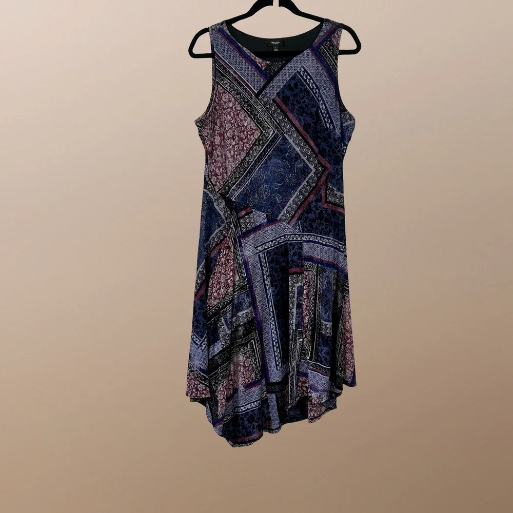 Simply Vera Sleeveless Dress Womens Large Blue Patchwork Handkerchief Hem